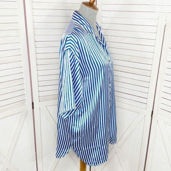 Victoria’s Secret Vintage Striped Satin Sleep Shirt White Blue Small Button Up - Picture 3 of 10